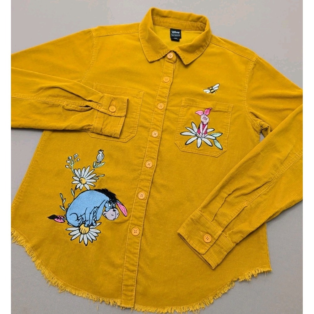 Disney Our Univ Embroidered Pooh Pals Burnt Orange Corduroy Shirt Sz S Raw Hem